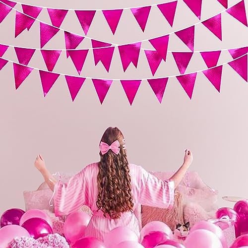 Hot Pink Party Decorations Triangle Pennant Banner Flag Rose Pink Metallic Fabric Bunting Garland for Birthday Bachelorette Wedding Bridal Shower Anniversary Flamingo Theme Party Supplies - Image 4