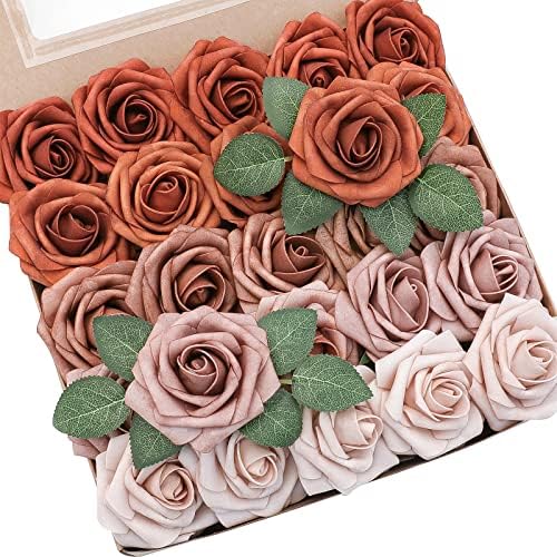 Floroom Artificial Flowers 25pcs Real Looking Burnt Orange Ombre Colors Foam Fake Roses with Stems for DIY Wedding Bouquets Bridal Shower Floral Centerpieces Party Tables Home Decorations by Floroom