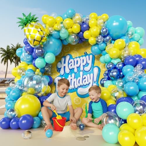 160pcs Cartoon Sponge Balloons Garland Arch Kit, Birthday Decorations Yellow Blue Clear Metallic Blue Teal Balloons and Pineapple Balloon Arch for Cartoon Birthday Baby Shower Party Decor - Image 5