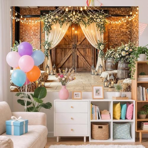 7x5Ft Country Wedding Backdrop Photography Rustic Roses Brick Stone Wall Backdrop Farmhouse Wooden Door Birthday Baby Shower Wedding Bridal Party Banner Photo Booth Props Anniversary Background - Image 4