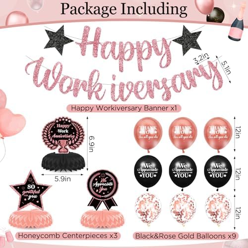 Happy Work Anniversary Decorations for Men Women Black Rose Gold Happy Workiversary Banner Honeycomb Centerpieces Balloons Decor for Office Employee Worker Anniversary Appreciation Supplies - Image 5
