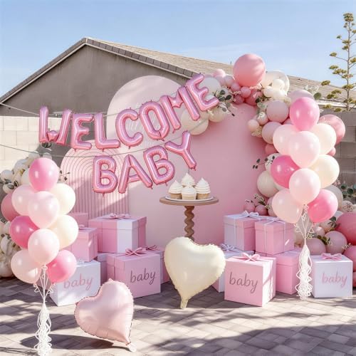Pink Baby Shower Decorations for Girl, WELCOME BABY Girl Letter Foil Balloons Banner Backdrop with Retro Pastel Pink Cream Beige Latex & Heart Balloon for Princess Newborn Gender Reveal Party Decor - Image 3