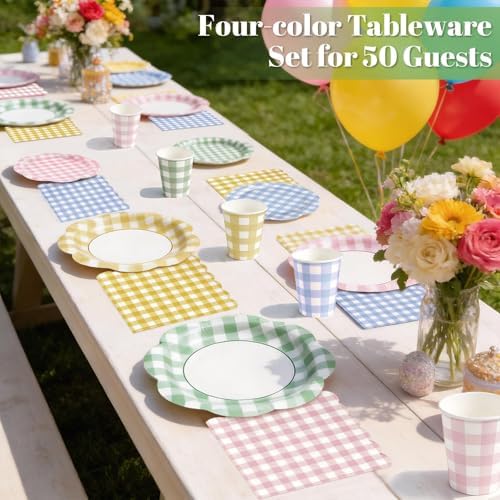 200Pcs Gingham Plates and Napkins Party Supplies in 4 Colors for 24 Guests - Image 4
