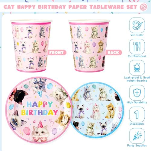 144PCS Cats Birthday Party Plates Set, Blue Pink Birthday Party Supplies - Image 3