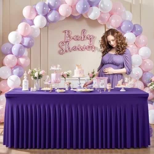 6 Packs Purple Spandex Table Covers 8 Foot, Fitted Stretch Table Cloth with Skirts 96x30 Inch, Wrinkle-Free Floor Length Rectangle Tablecloths for Trade Show Weddings Parties Banquets Events - Image 6
