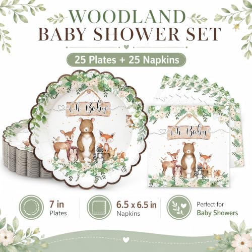 50 Pcs Woodland Baby Shower Plates and Napkins, 7 Inch Forest Animal Set - Image 7
