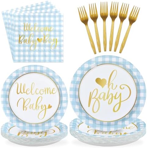 96 Pcs Blue Gingham Baby Shower Party Decorations, Serves 24 by Greencian