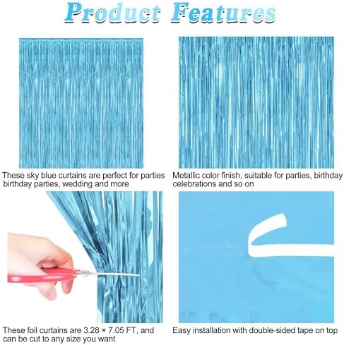 8 Pack Party Decorations, 3.28 FT x 7.05 FT Party Streamer, Metallic Sky Blue Tinsel Backdrop Fringe Curtains Party Decorations, Light Blue Birthday Backdrop Photo Booth Props - Image 4