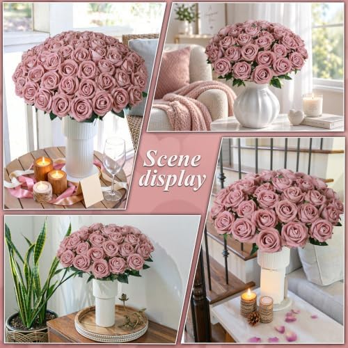 50 PCS Dusty Roses Artificial Flowers, Fake Roses with Stem Realistic Silk Roses for DIY Wedding Bouquets Tables Centerpieces Arrangements Baby Shower Birthday Home Decor Valentine's Day Gift for Her - Image 4