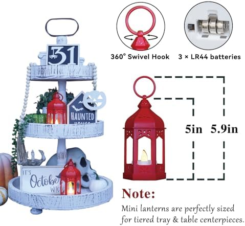 LLQ 8 Pcs Mini Lantern Decor Moroccan Lantern with Flickering LED Candle Table Centerpiece Small Vintage Christmas Hanging Lamp Ornaments Bulk for Wedding Halloween Christmas Party (5 Inch,Red) - Image 2