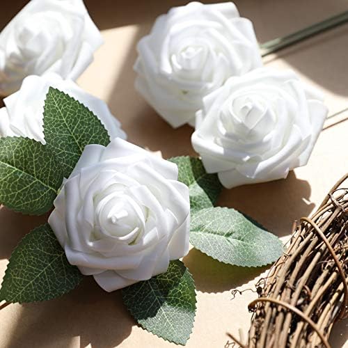 AmyHomie White Rose 25pcs Real Looking Artificial Flowers w/Stem - Image 3