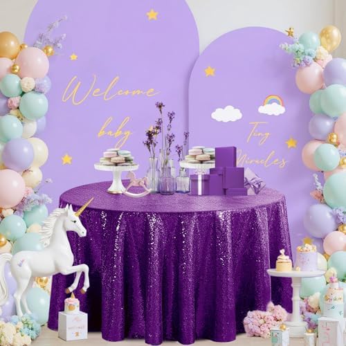 Pufogu 120" Round Purple Sequin Tablecloth Glitter White Table Cloths for Birthday Wedding Bridal Baby Shower Party Decorations - Image 6