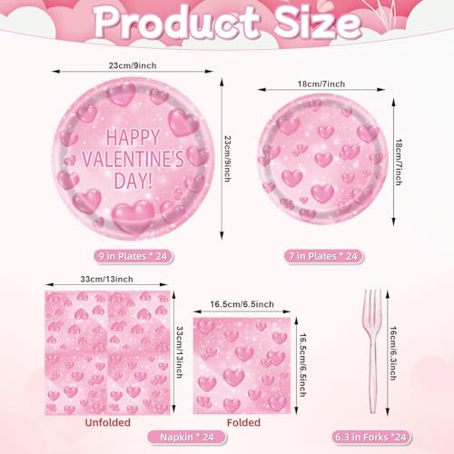 96 Pieces Valentine’s Day Tableware Set – Pink Heart Disposable Plates and Napkins for Romantic Dinners, Weddings, Anniversaries, and Valentine Parties – Serves 24 Guests - Image 2
