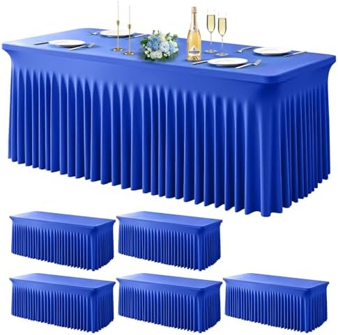 Wish Care 6 Pack Royal Blue Spandex Table Clothes for 8 Foot Rectangle Tables, 8FT Wrinkle Free Fitted Tablecloths Ruffles Design Table Cloth for Party, Banquet, Wedding and Events by WishCare