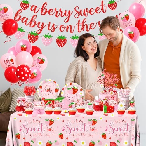 Strawberry Baby Shower Decorations for Girls, 190Pcs A Berry Sweet Baby is on the Way Party Supplies with Plates, Napkins, Cups, Banner, Tablecloth, Balloons, Cake Toppers, Honeycombs Serve 24 - Image 2
