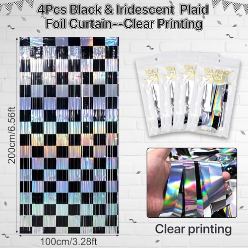 4 Pack 3.3Ft x 6.6Ft Race Car Checkered Foil Fringe Curtain Backdrop Decorations, Black Iridescent Metallic Tinsel Foil Streamers Curtain Photo Booth for Race Car One Happy Dude Birthday Party Decor - Image 2