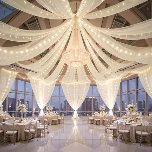 6 Panels Beige Ceiling Curtains with Lights for Weddings - 5ftx30ft Wrinkle-Free Tulle Fabric Wedding Arch Draping Ceiling Drapes Decorations for Wedding Party Ceremony Stage Tent Event by Unknown