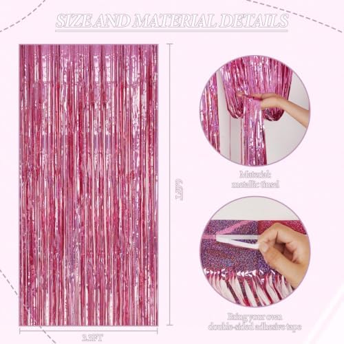 DECOCKRAT 2 Pack Foil Fringe Backdrop - Laser Pink Shiny Tinsel Curtains for Party Decoration/Photo Booth Props - 3.3x6.6 FT Metallic Foil Backdrop for Birthday, Wedding, Graduation, Christmas. - Image 3