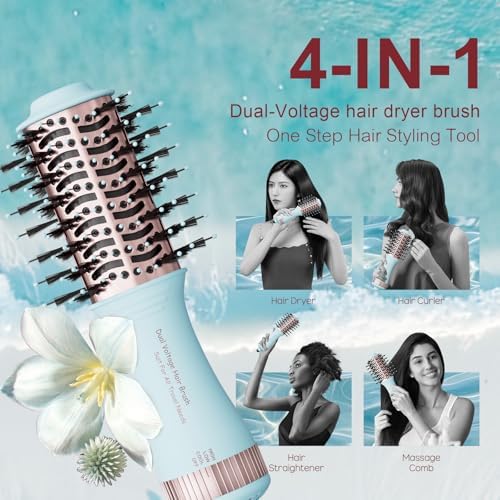 Travel Dual Voltage Hair Dryer Brush 4-in-1 Portable Mini Hot Air Blow Dryer Straightener & Curler Brush, Titanium Round Blowout Styler Volumizer Tools, 110/240V US/EU/UK -Baby Blue & Rose Gold - Image 4