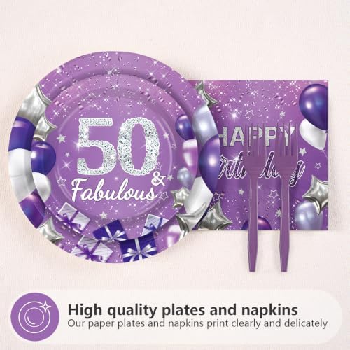96Pcs Purple and Silver 50th Birthday Party Decorations for Women Serves 24 - Image 2