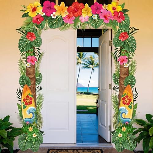 Peryiter 3 Pcs Hawaiian Summer Door Banners Luau Tropical Palm Leaf Flowers by Peryiter