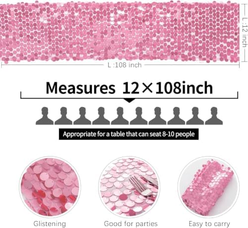 Pufogu 12 "x 108" Pink Premium Big Payette Sequin Overlay Linens mesh Table Runner, Rectangle Glitter Table Runner for Wedding Party, Birthday Party, Banquet Decor (3 Pack). - Image 4