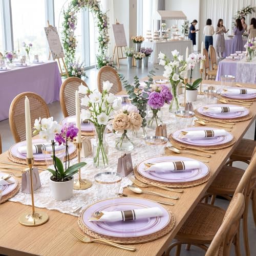 WDF Partyware 350PCS Purple Plates Disposable - Purple Plastic Plates 50Guests Lavender Disposable Dinnerware Sets with Rolled Napkins for Wedding/Birthday/Baby Shower/Bridal Shower - Image 3