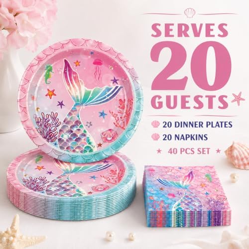 40pcs Mermaid Plates &Napkins Birthday Party Decoration 20 Guests - Image 2