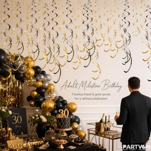 32 PCS Gold Black Hanging Swirl Decorations, Sparkle Ceiling Swirls with Plastic Streamers for Graduation, Casino Night, Black Tie, New Year, Milestone Birthday, Retirement Party - Image 2