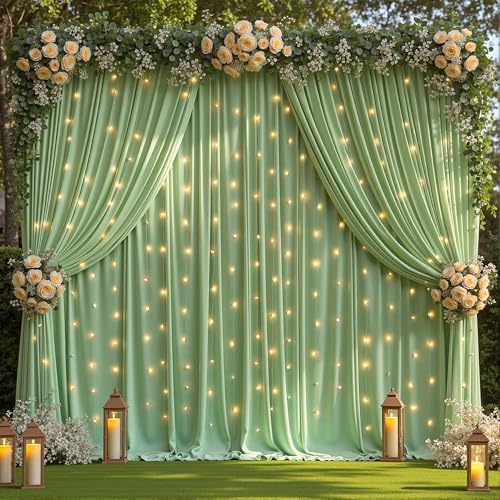 10 x 10 Sage Green Backdrop Curtain with Lights String for Party by PartyTalk