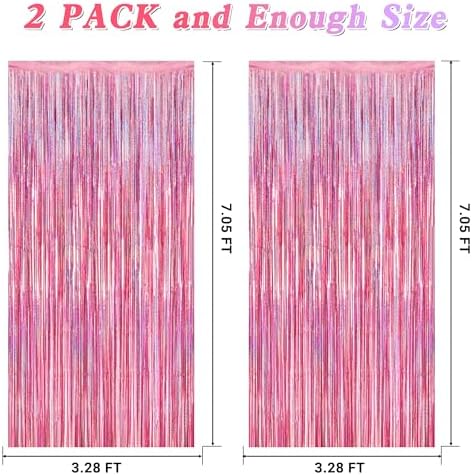 2 Pack Glitter Pink Backdrop, 3.28 FT x 7.05 FT Birthday Party Decorations, Laser Pink Fringe Curtains Foil Streamer Tinsel, Pink Curtains Photo Backdrop Happy Birthday Valentines Day Backdrop - Image 2