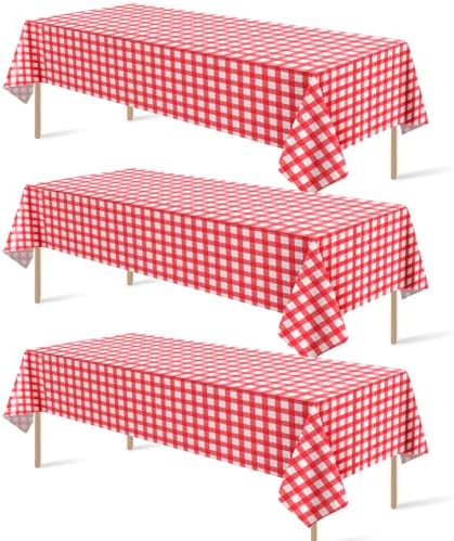 3 Pack Red and White Plastic Checkered Tablecloth, Premium Decorative Disposable Red Gingham Plaid Table Cloths for Parties, Rectangle Party Table Cover for Picnic Farm Birthday Wedding, 54x108 Inch by RAGNHILD