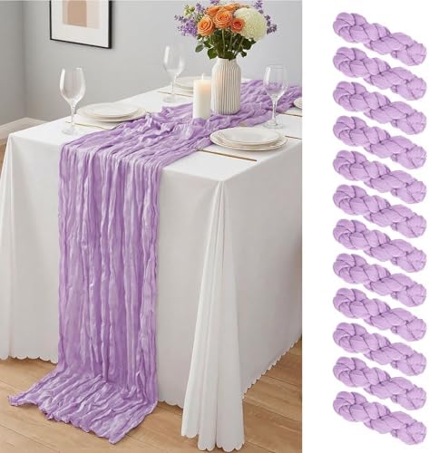 12 Pack Lavender Cheesecloth Table Runner 10Ft, Lilac Purple Table Runners 21.5 x 120 inch,Semi Sheer Cheese Cloth Fabric Runner Bulk for Wedding,Party,Baby Shower,Bridal Shower by Yemosa