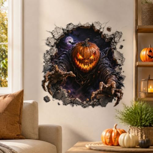 Halloween Pumpkin Man Wall Sticker Self Adhesive 3D Broken Wall Decal Scary Pumpkin Head Wall Decor Horror Wall Sticker for Living Room Bedroom Party Haunted House Indoor Seasonal Decor 1 Sheet by Unknown