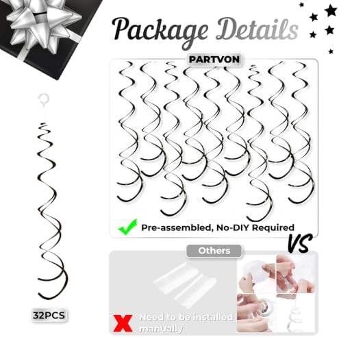 32 PCS Black Hanging Swirl, Sparkle Ceiling Hanging Decorations, Plastic Streamer Party Decorations for Black Tie, Casino Night, Halloween - Image 3