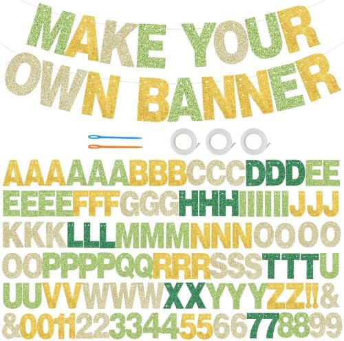 BEISHIDA 116 PCS A-Z DIY Letter Banner Kit Make Your Own Banner Including 111 Letters and Numbers 3 Rope and 2 Threading Device,Customized for Birthday Graduation Wedding Decor Glitter Green Gold by Beishida