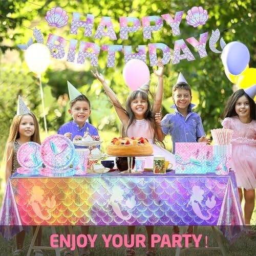 146Pcs Mermaid Plates and Napkins mermaid Party Supplies Includes Plates, Napkin, Fork, Cup, Straw, Tablecloth, Banner for Baby Shower Ocean Birthday Party Decorations, Serves 24 (Mermaid) - Image 7