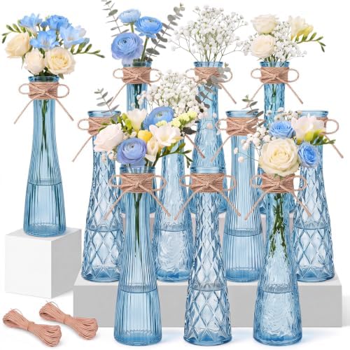 Set of 12 Blue Glass Bud Vases for Centerpiece, Assorted by Unknown