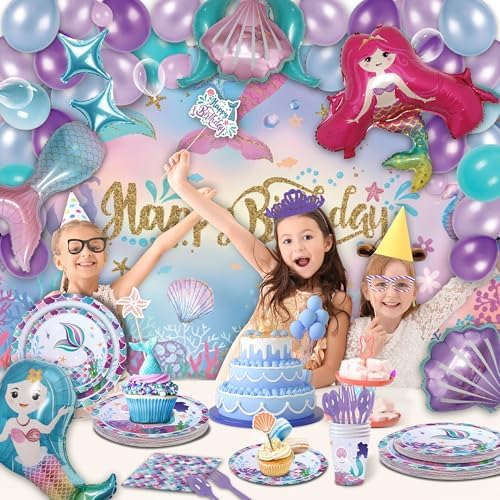 193 pcs Mermaid Birthday Decorations For Girl, Mermaid Party Decorations Supplies Kit, 16 Tableware Sets, Balloon Arch,Disposable Paper Plates - Image 7