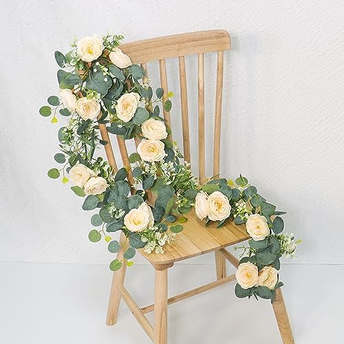 TOCHGREEN 4 Pack Artificial Eucalyptus Flower Garland with Champagne Roses - Image 6