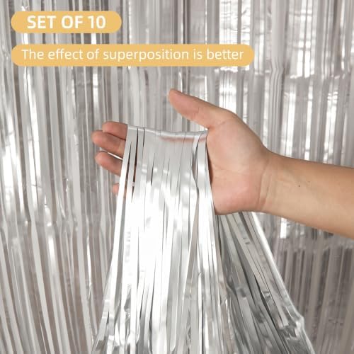10 Pack Silver Foil Curtain Backdrop 3.2ft x 9.8ft Metallic Tinsel Foil Fringe Curtains Streamer Backdrop for Birthday Party Halloween Christmas New Year Party Supply (Matte Silver) - Image 2