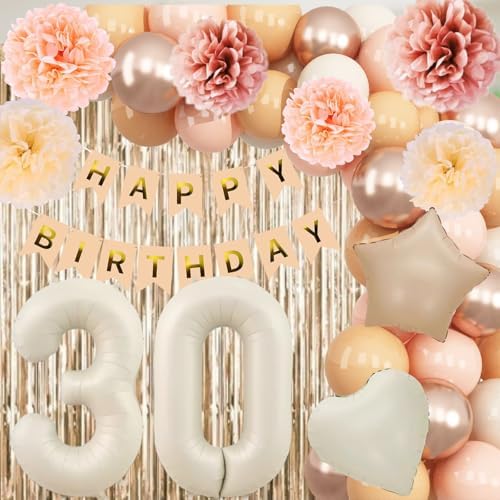 Beige Happy 30th Birthday Party Decoration for Her Cream Number 30 Balloon - Image 2