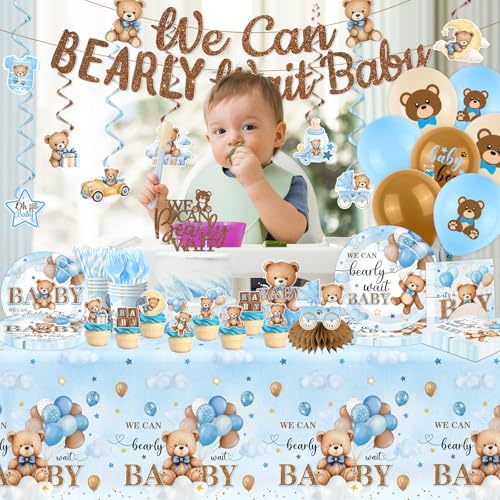 Blue Bear Baby Shower Decorations,219Pcs Baby Shower Tableware Set Banner, Plates and Napkins, Tablecloth, Cake Toppers, Honeycomb Balls for Boy Neutral Bear Themed Party Decorations Severs 24 - Image 3