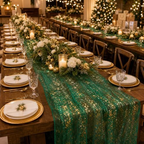 4Pcs Green Gold Table Runner, 29 x 72 in Sheer Gauze Table Decor - Image 7