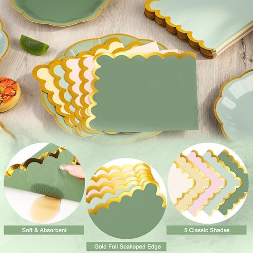 Kochorie 100 Pcs Sage & Pink Scalloped Paper Plates and Napkins - Image 4