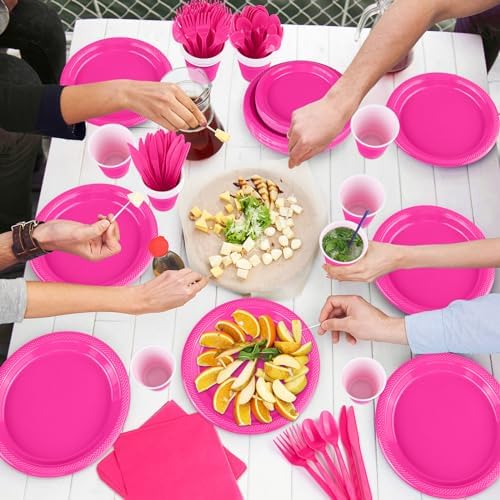 Aodaer 400 Pieces Hot Pink Party Supplies Disposable Dinnerware Set Include Plastic Plates Cups Knives Forks Spoons Paper Napkins for Birthday Wedding Graduation Parties, Serve 50 Guests - Image 6
