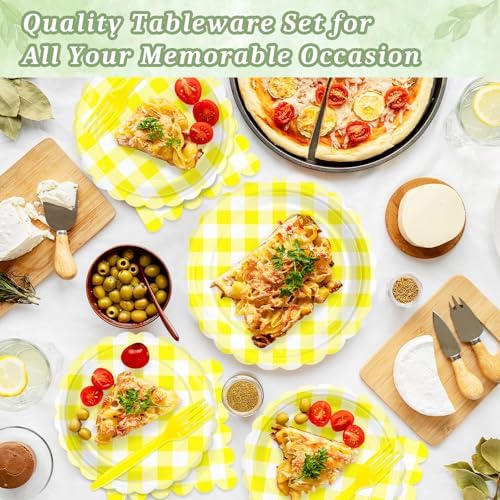 100 Pcs Yellow Gingham Paper Plates and Napkins Disposable Set for Party - Image 3