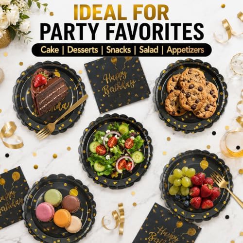 50PCS Happy Birthday Paper Plates and Napkins - 7 Inch Birthday Cake Plates Scalloped Black and Gold Dessert Plates and 6.5 Inch Napkins Disposable Tableware Set, Serves 25 - Image 5