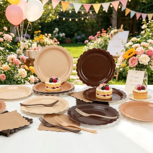 Brown Paper Plates Napkins and Forks Serves 24,9 Inch Neutral Brown Gradient Disposable Plates,Boho Earth Tone Tableware Set for Woodland Baby ShowerRustic Birthday,Wedding - Image 4