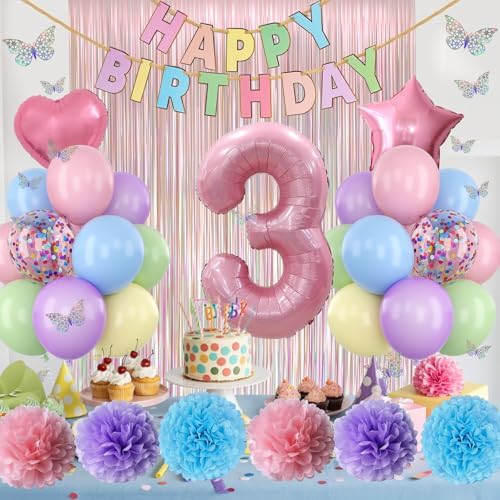 Pastel 3rd Birthday Colorful Party Decorations Girls Pink Number 3 Balloon - Image 4